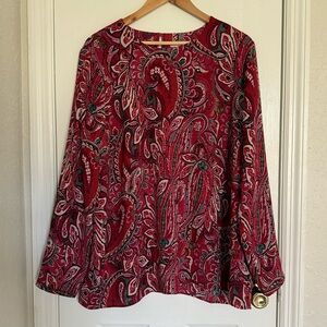 J. Jill Red Layered Paisley Tunic Long Sleeve Blouse XL